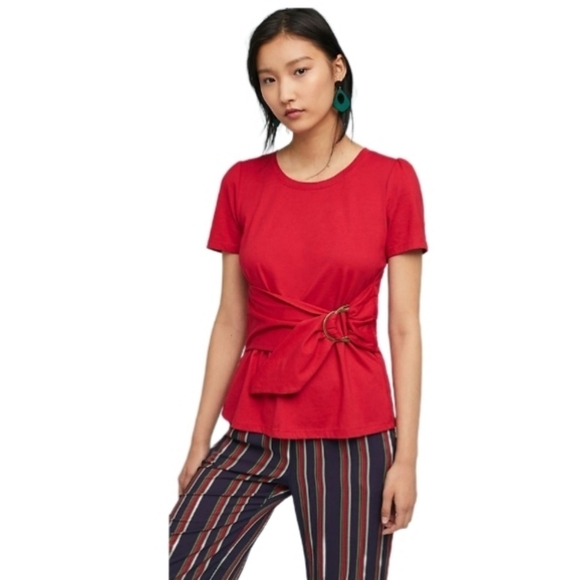 Anthropologie Maeve Dakota Short Sleeve T-Shirt Belted Wrap Top Red Small - Picture 1 of 16